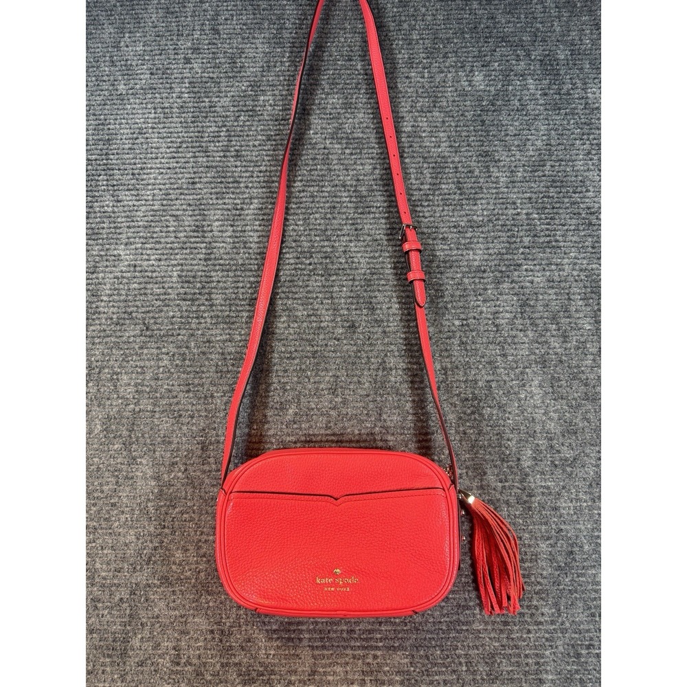 Kate Spade New York Red‎ Pebbled Leather Crossbody Bag Tassel Logo Gold Hardware